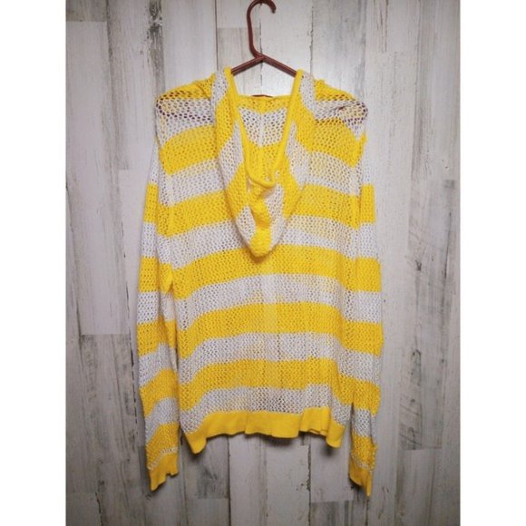 Quacker Factory Womens Cardigan Full Zip Yellow White Stripes Hood Tie Ramie XL - Picture 4 of 5